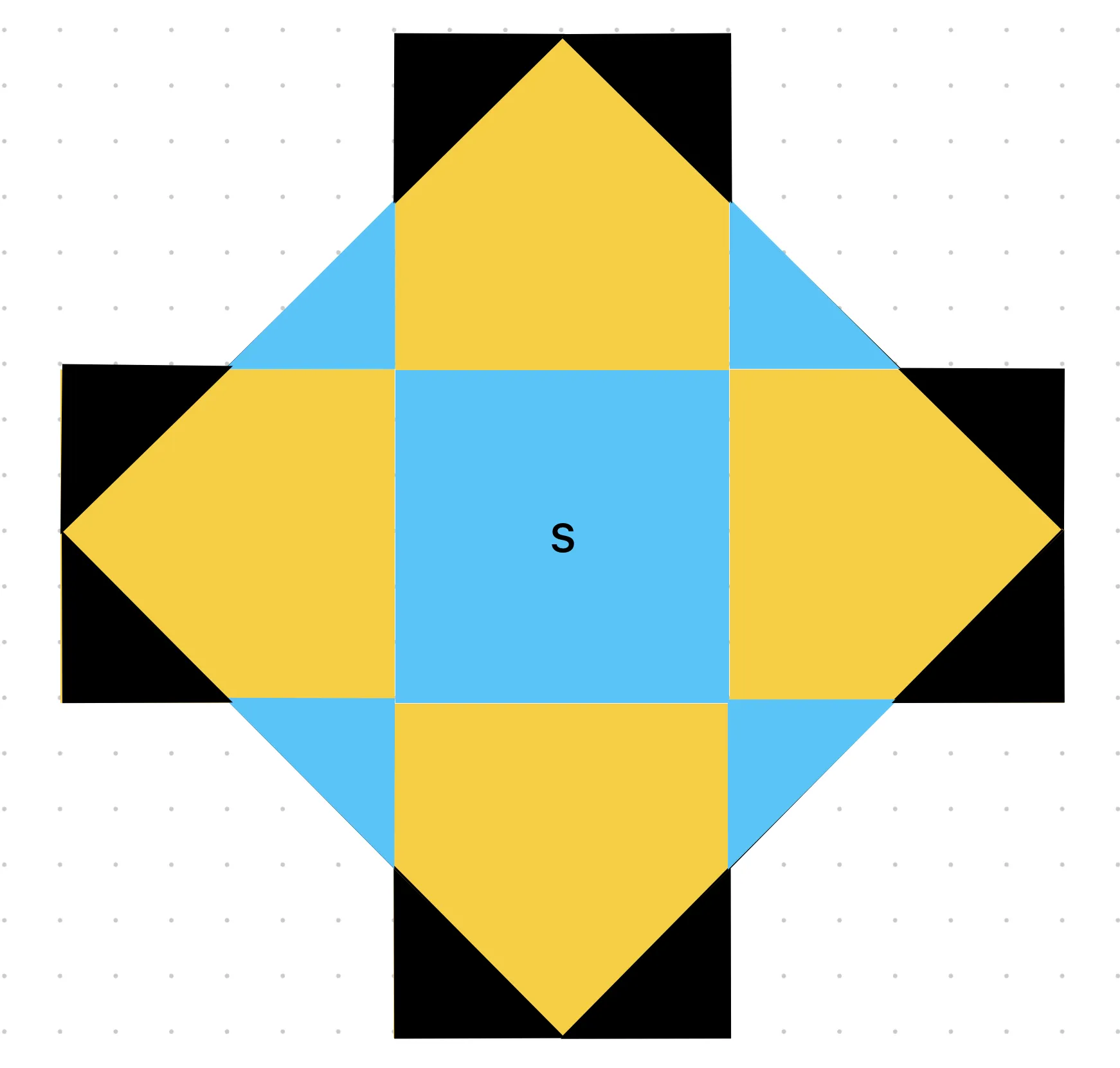 a grid with 5 squares, diamonds, and colored corners